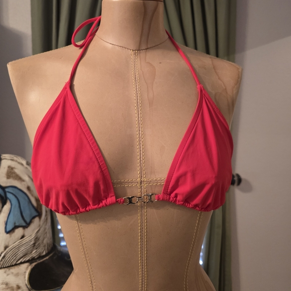 Tory Burch Women's Small Logo Halter Bikini Top Swim Suit String RED Stretch - Picture 6 of 10